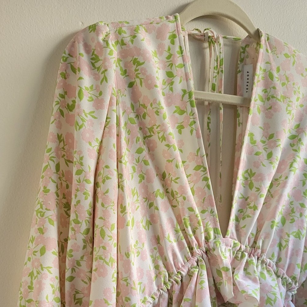Topshop Floral Boho Dress Nordstrom Side Rouching Long Slit 6 Puff Sleev…